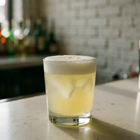 Un pisco sour classique servi dans un grand verre transparent, garni de glace pilée et surmonté d'une épaisse couche de mousse blanche.
