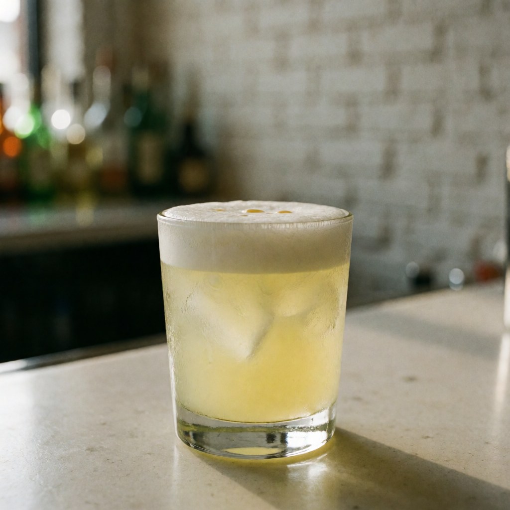 Un pisco sour classique servi dans un grand verre transparent, garni de glace pilée et surmonté d'une épaisse couche de mousse blanche.