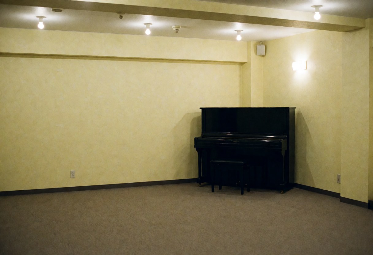 Intérieur d'un bar vide avec un piano noir dans un coin, des murs jaune pâle, une lumière chaleureuse, idéal pour des événements musicaux.