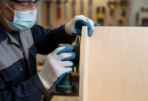 Un ouvrier portant des gants de protection, un masque et des lunettes de sécurité travaille dans un atelier avec des outils pour finir une surface en bois.