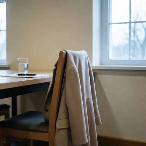 Un manteau beige est suspendu à une chaise en bois dans un coin calme d'une bibliothèque, avec un verre d'eau et un stylo sur la table, baigné de lumière naturelle.