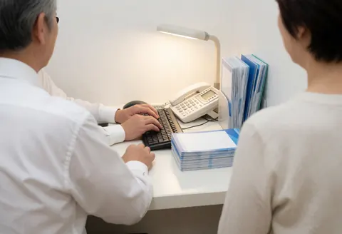 Un agent d'assurance travaille à son bureau avec un ordinateur, un téléphone et des brochures, face à un client dans un environnement propre et ordonné.