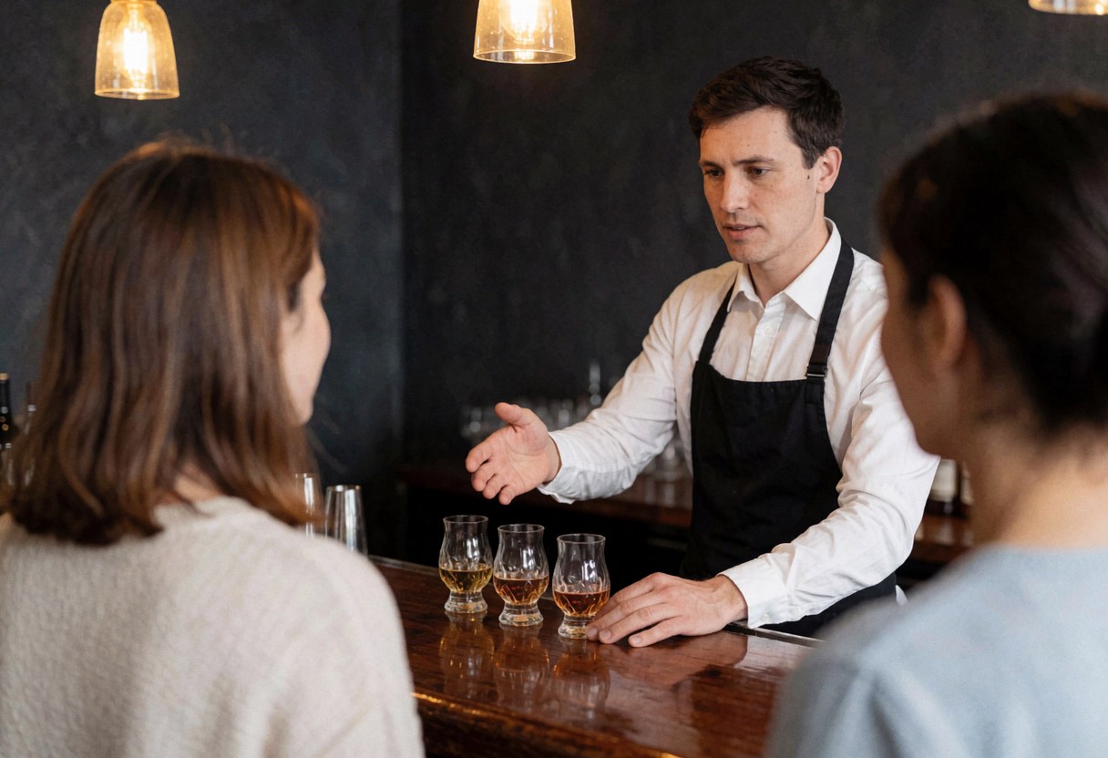 Un bartender explique l'arôme des cocktails dans des verres en cristal à deux clients. Ambiance chaleureuse avec lumières et bar en bois.