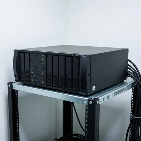 Un enregistreur vidéo numérique noir avec plusieurs batteries et lumières posé sur un rack métallique dans une salle de serveurs, entouré de câbles noirs et de murs blancs sous éclairage technique.
