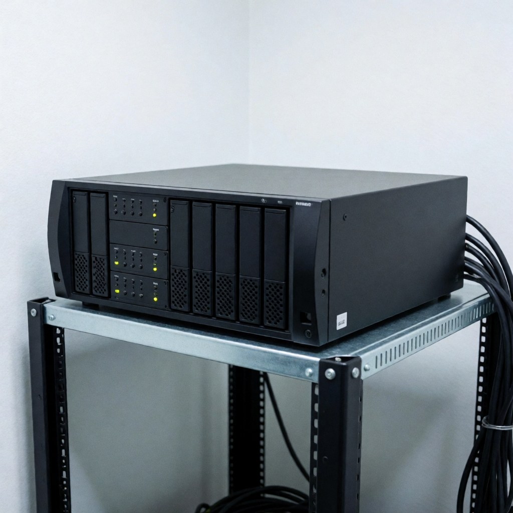 Un enregistreur vidéo numérique noir avec plusieurs batteries et lumières posé sur un rack métallique dans une salle de serveurs, entouré de câbles noirs et de murs blancs sous éclairage technique.