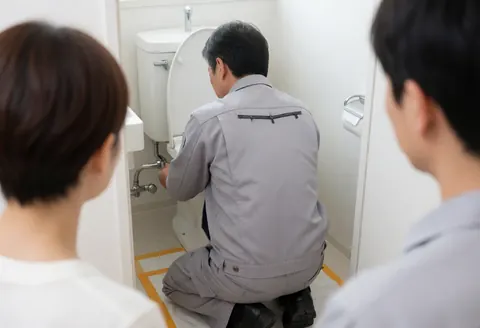 Un plombier en uniforme gris installe un WC blanc dans une salle de bain aux murs blancs, avec deux personnes observant la scène.