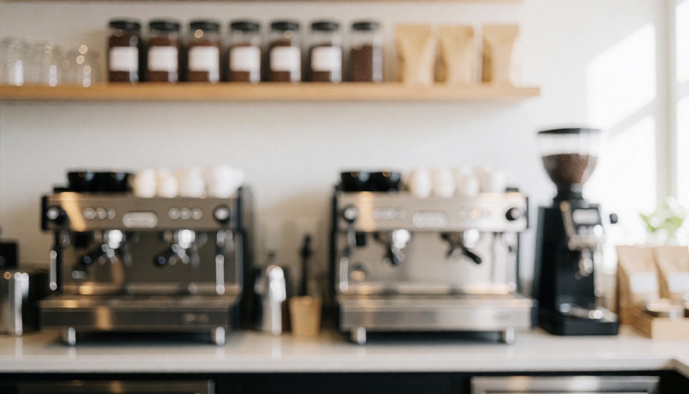 Arrière-plan propre et lumineux dédié au café mettant en valeur des machines et des contenants pour grains.