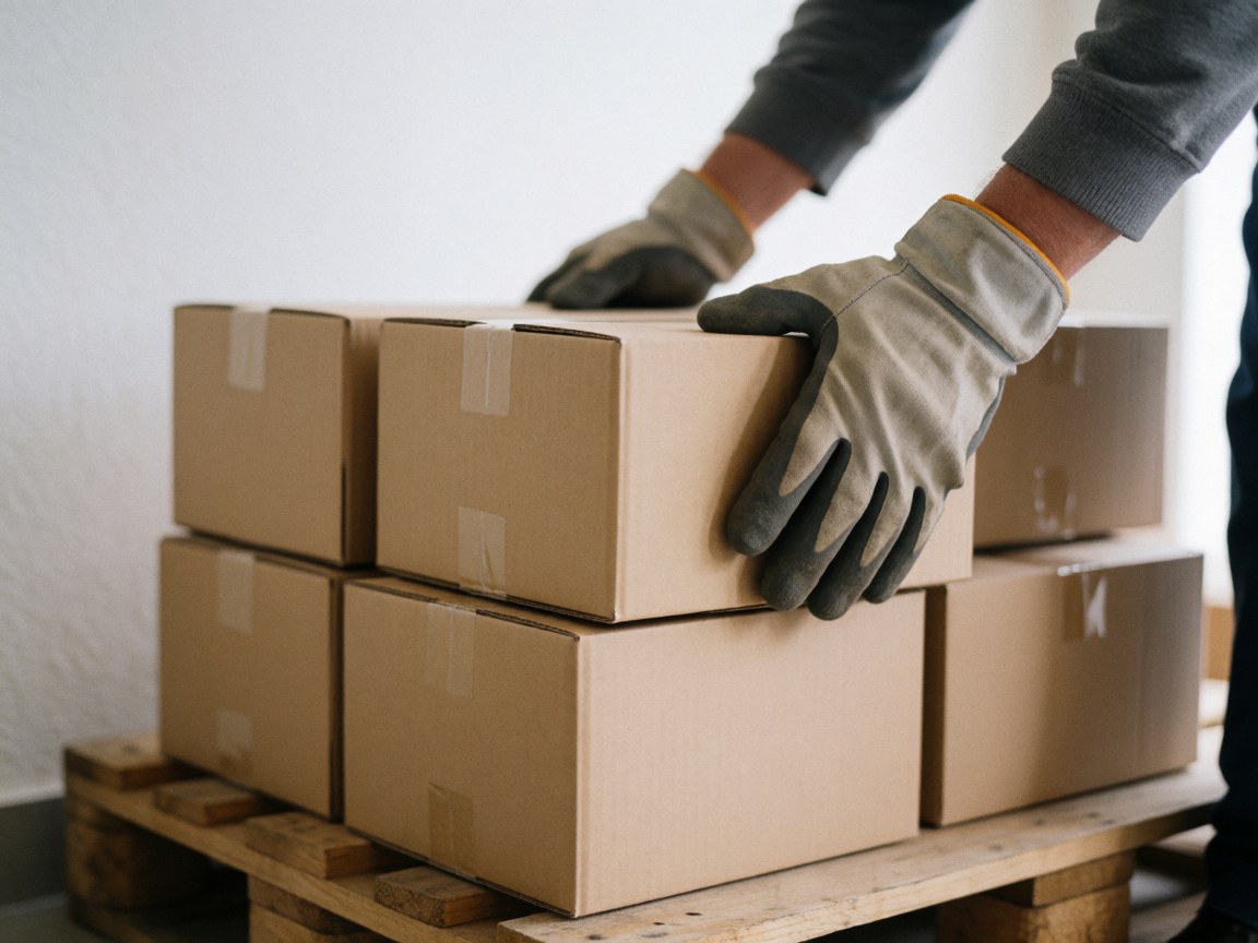 Mains portant des gants de travail empilent des boîtes en carton sur une palette en bois, sur fond blanc, éclairage naturel, scène logistique réaliste.