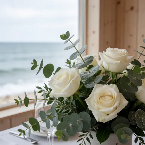 Centre de table élégant composé de roses blanches et d'eucalyptus, disposé sur une table en bois rustique. Des couverts, des verres à vin et des assiettes complètent le dressage. En arrière-plan, une fenêtre ouverte