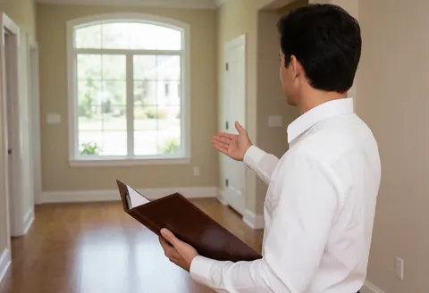 Agent immobilier en chemise blanche tenant un classeur, présentant une maison avec sol en bois et murs beige sous lumière naturelle.