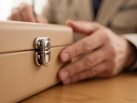 Fermeture métallique brillante sur une boîte d'optique posée sur une table en bois, mains travaillant avec précision dans un environnement professionnel détaillé.