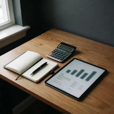 Un kit de planification stratégique disposé sur une table en bois clair, comprenant un cahier, un stylo, une calculatrice et une tablette avec des graphiques.
