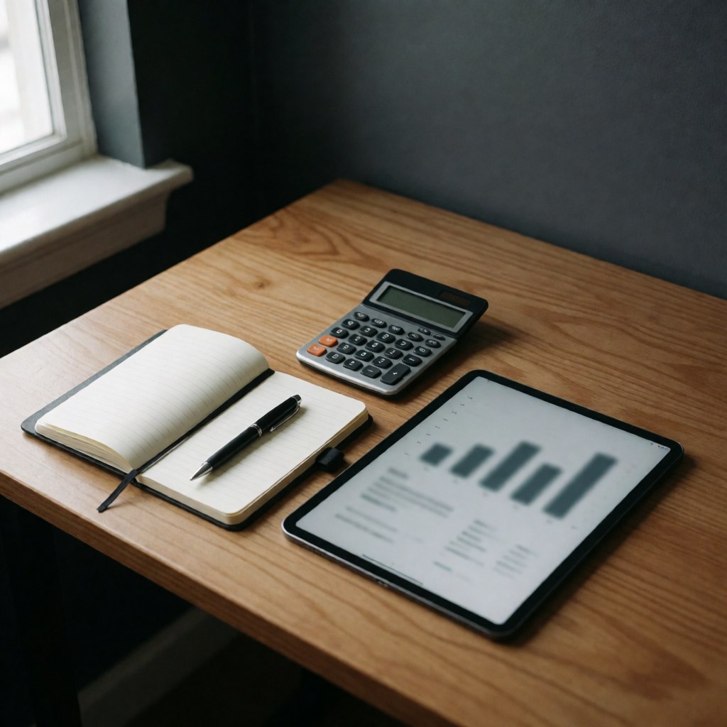 Un kit de planification stratégique disposé sur une table en bois clair, comprenant un cahier, un stylo, une calculatrice et une tablette avec des graphiques.