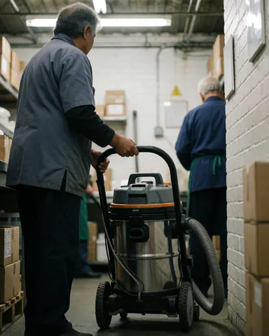 Un employé pousse un aspirateur industriel dans un couloir d'entrepôt bordé de briques et de cartons sous un éclairage industriel.