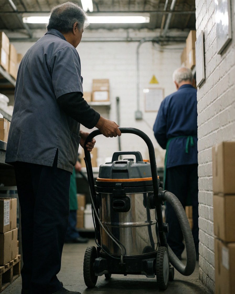 Un employé pousse un aspirateur industriel dans un couloir d'entrepôt bordé de briques et de cartons sous un éclairage industriel.