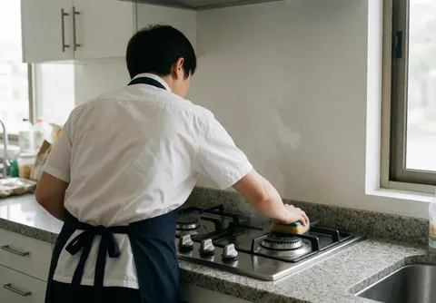 Un agent de nettoyage en tabis noir et chemise blanche frotte une cuisinière en acier avec une éponge, dans une cuisine moderne aux plans de travail en granit.