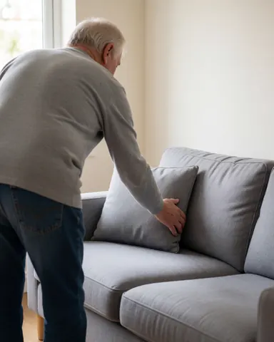 Une cliente examine un canapé gris fraîchement nettoyé en touchant doucement le tissu avec sa main dans une pièce lumineuse aux murs blancs.