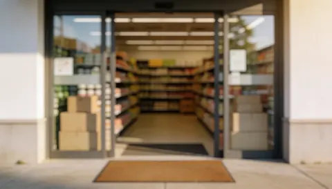 Vue floue de l'entrée d'un magasin d'alimentation avec des portes et des étagères remplies de produits.