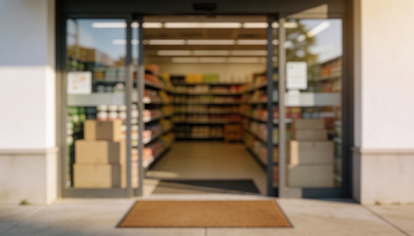 Vue floue de l'entrée d'un magasin d'alimentation avec des portes et des étagères remplies de produits.