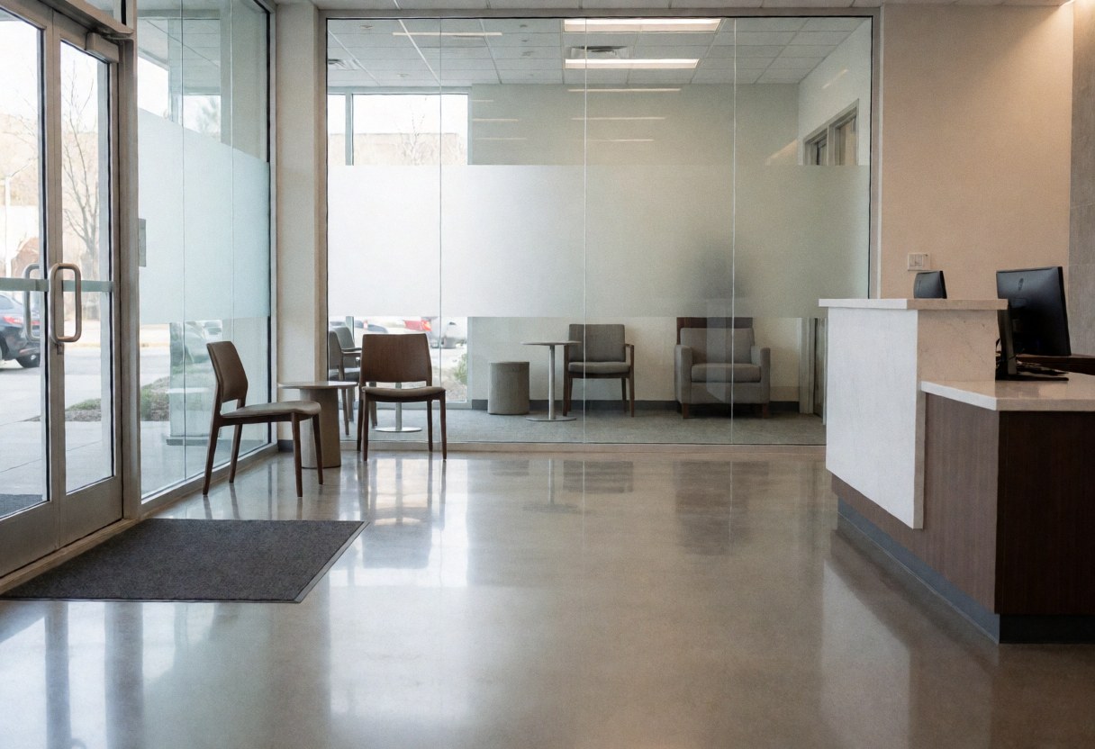 Vue d'un bureau propre et moderne avec une réception, des chaises, une table, un sol poli en béton et des parois vitrées baignées de lumière naturelle.
