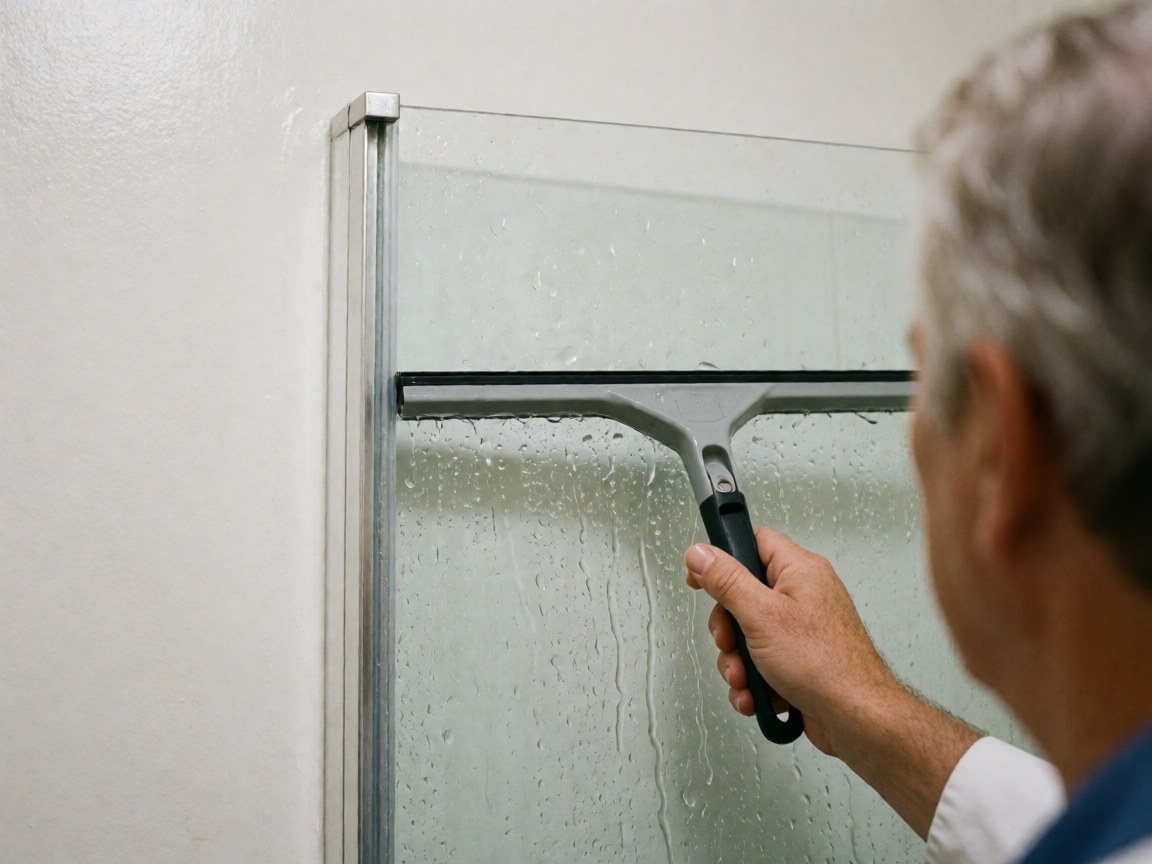 Une main utilise un souffleur pour nettoyer une paroi de douche en verre, l'eau s'écoule sur le rebord, sur un mur blanc, évoquant un service de nettoyage professionnel.
