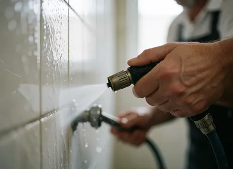 Une main tient un robinet d'eau pour nettoyer des carreaux de salle de bain. L'eau jaillit en jet et l'arrière-plan est flou.
