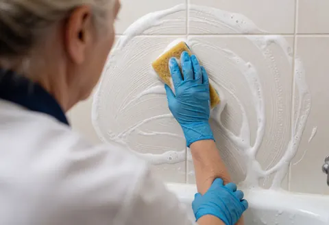 Un professionnel portant un gant bleu nettoie des carreaux de salle de bain à l'aide d'une éponge et de mousse, assurant une hygiène impeccable.