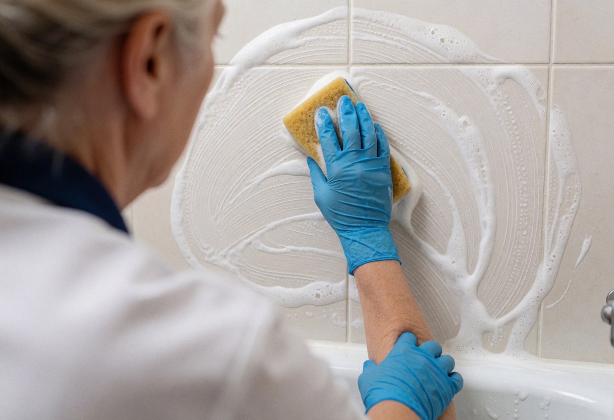 Un professionnel portant un gant bleu nettoie des carreaux de salle de bain à l'aide d'une éponge et de mousse, assurant une hygiène impeccable.