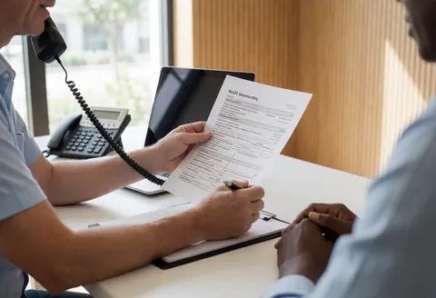 Un agent professionnel consulte des documents sur un bureau tout en utilisant son téléphone pour assurer le service client.