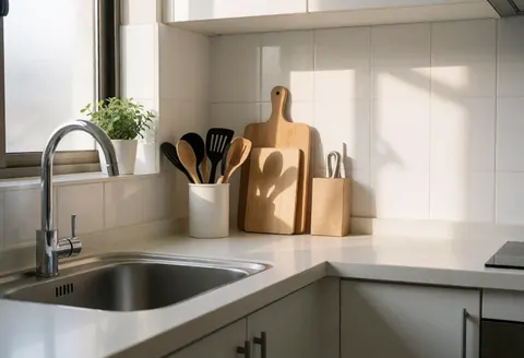 Vue d'une cuisine moderne et bien organisée, montrant un évier propre et divers ustensiles de cuisine disposés sur le plan de travail.