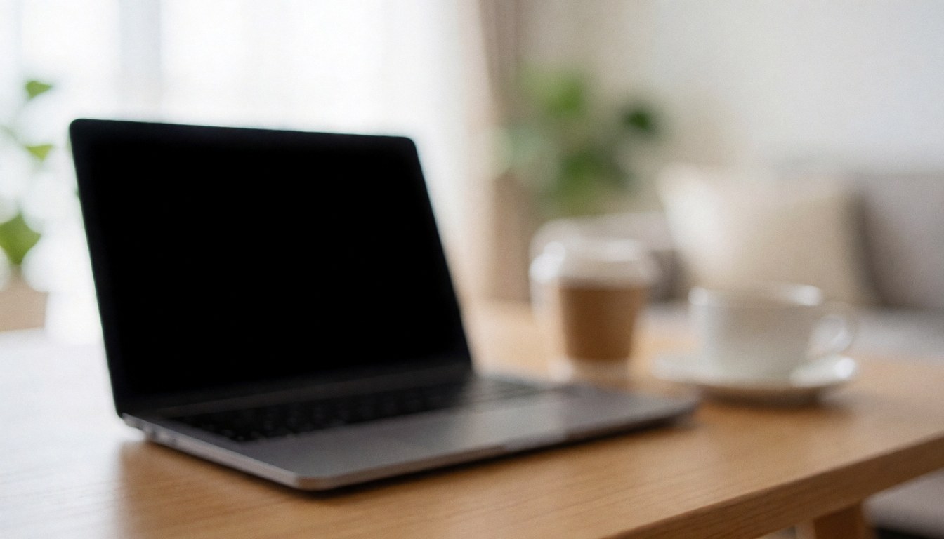 Un bureau en bois clair avec un ordinateur portable fermé, une tasse de café blanche et une petite plante verte près d'une fenêtre apportant une lumière douce.