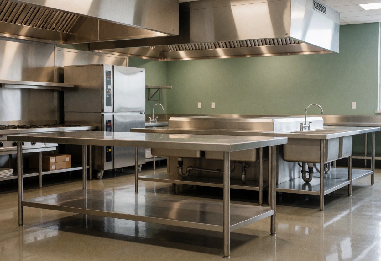 Cuisine vide et propre avec tables et éviers en acier inoxydable, murs verts et ventilation industrielle, prête pour la préparation des repas.