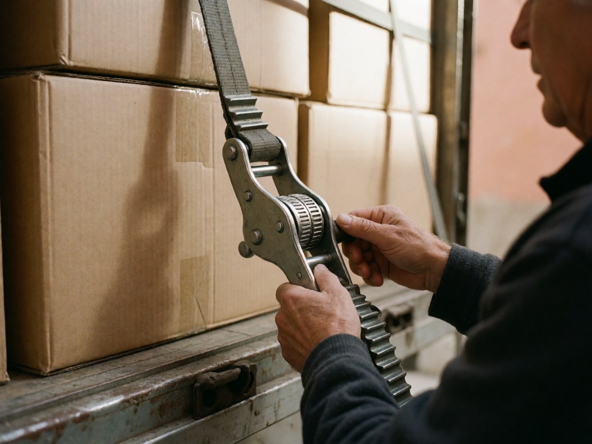 Un homme serre une sangle métallique autour de colis en carton dans un camion, avec un mur en terre cuite et la lumière du soleil en arrière-plan.
