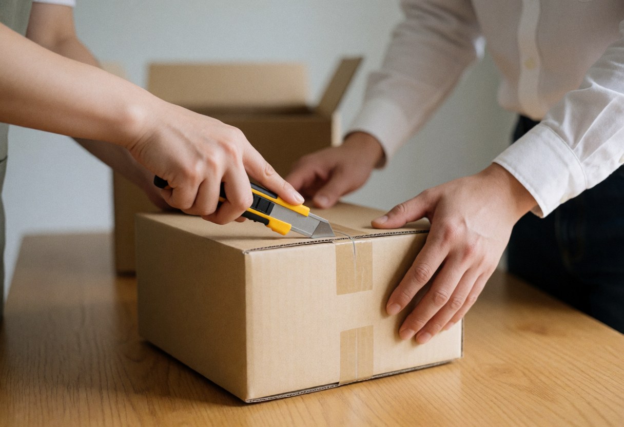 Des mains utilisent un coupe-papier pour ouvrir une boîte en carton posée sur une table en bois, dans un contexte de préparation d'expédition.