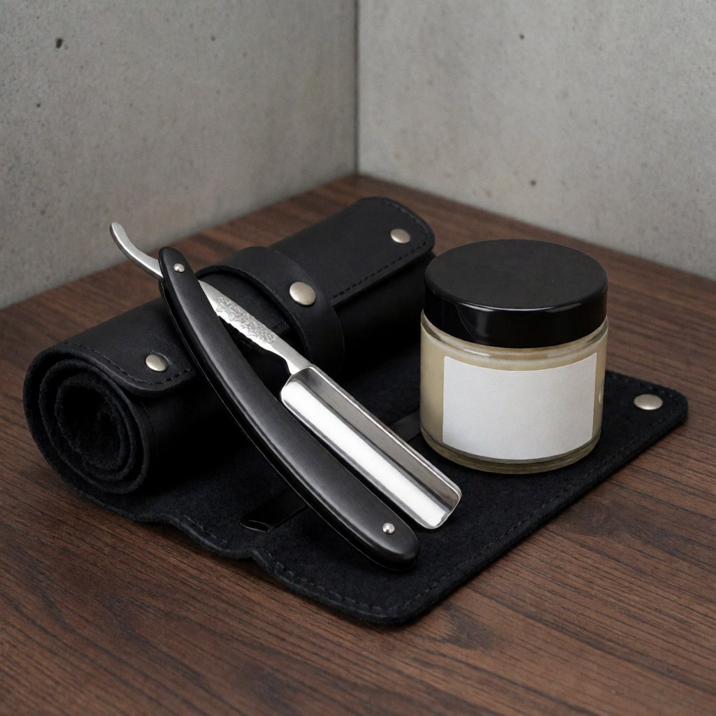Rasoir à lame droite posé sur un étui en cuir noir, accompagné d'un pot à savon à raser, sur une surface en bois sombre et un mur de béton.
