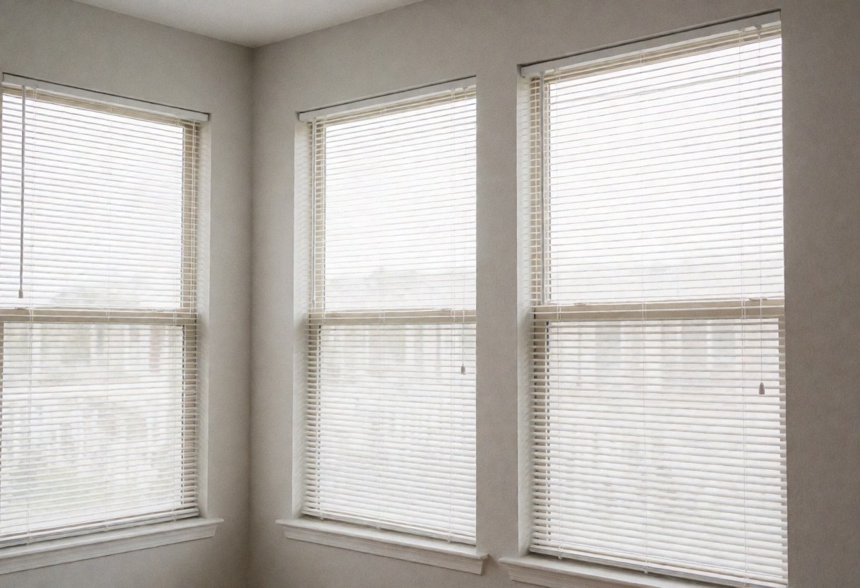 Intérieur lumineux et propre avec trois grandes fenêtres aux stores blancs ouverts, murs gris clair et éclairage naturel doux.