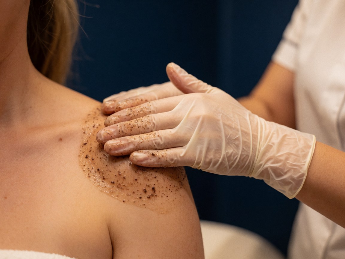 Une main portant un gant applique un produit exfoliant sur une épaule, sur fond bleu sombre dans un cadre esthétique professionnel.
