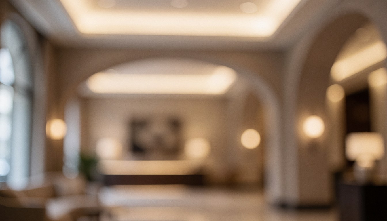 Vue floue de l'entrée d'un hôtel élégant avec des arches et des lumières ambiantes créant une atmosphère calme et sophistiquée, idéale pour du texte publicitaire.