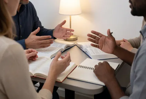Trois personnes discutent à une table avec des livres et des cahiers sous la lumière chaude d'une lampe, illustrant un apprentissage collaboratif.
