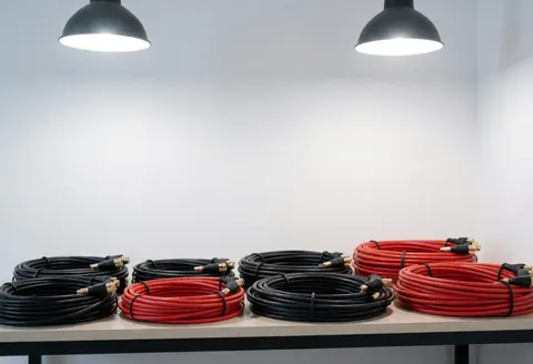 Présentoir commercial exposant des câbles rouges et noirs avec connecteurs, sur un comptoir propre et moderne, éclairage soigné, fond blanc, pour l'installation électrique et l'énergie solaire.