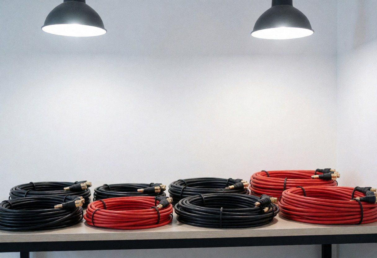 Présentoir commercial exposant des câbles rouges et noirs avec connecteurs, sur un comptoir propre et moderne, éclairage soigné, fond blanc, pour l'installation électrique et l'énergie solaire.