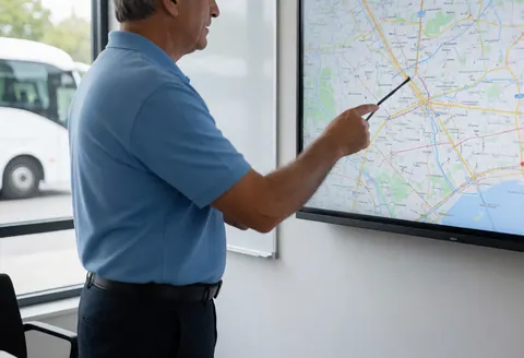 Un instructeur d'auto-école pointe une route sur un écran tactile tandis qu'un bus de formation est visible par la fenêtre.
