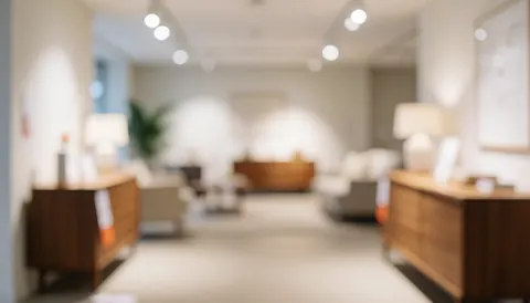 Fond neutre et calme d'un showroom présentant des meubles modernes en bois pour un usage professionnel.