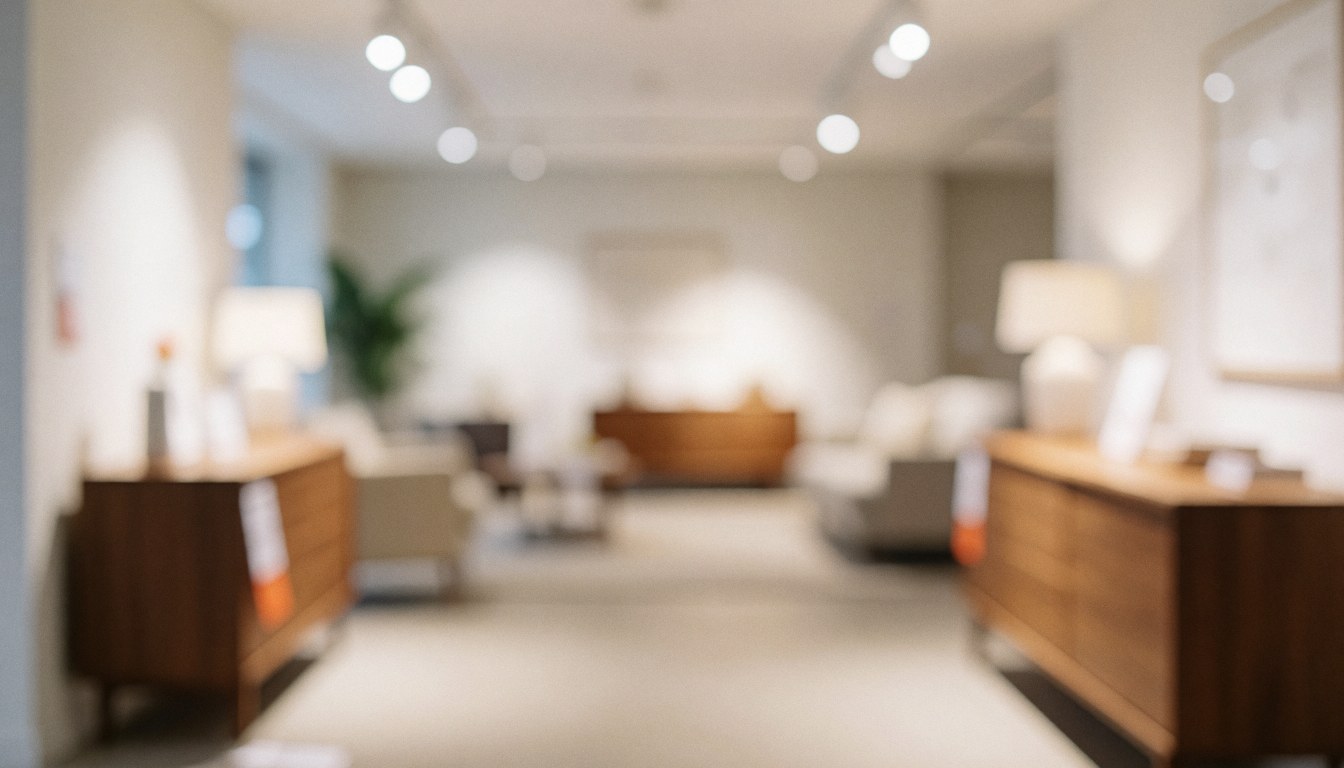 Fond neutre et calme d'un showroom présentant des meubles modernes en bois pour un usage professionnel.