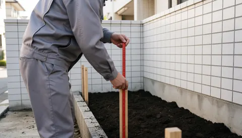 Un jardinier professionnel utilise un mètre ruban rouge pour mesurer l'espace entre des poteaux en bois sur un terrain préparé, devant un mur blanc.