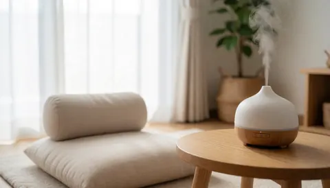 Coin apaisant avec diffuseur d'arômes, coussin de méditation, plante et lumière naturelle, idéal pour textes sur santé et nutrition.