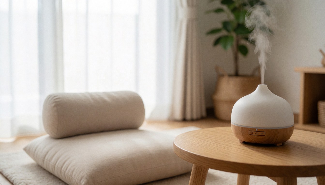 Coin apaisant avec diffuseur d'arômes, coussin de méditation, plante et lumière naturelle, idéal pour textes sur santé et nutrition.