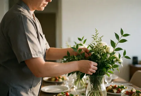 Composition florale élégante avec roses blanches et feuillage vert disposée sur une table de salle à manger pour un événement professionnel.