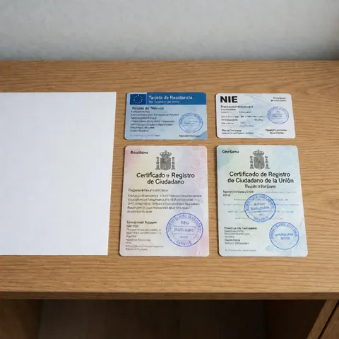Documents d'immigration espagnols incluant carte de résidence, NIE et certificats d'enregistrement sur une table en bois clair dans un bureau.