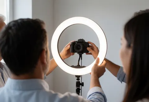 Un présentateur ajuste les paramètres d'une caméra professionnelle équipée d'un anneau lumineux dans un studio dédié à la production de cours en ligne.